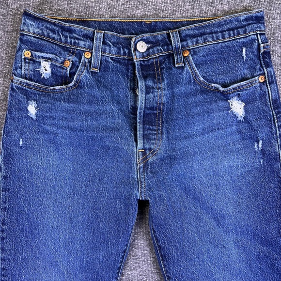 Levis 501 Jeans Womens 28x26 Dark Button Fly Distressed Stretch Denim Fits29x25 - Picture 6 of 16